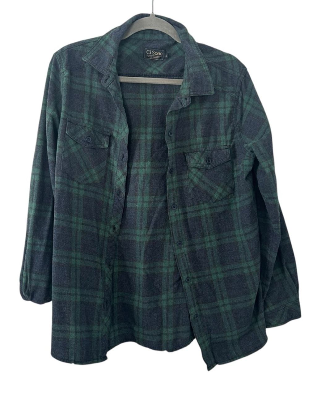 Green & Blue Plaid Design Button Down Flannel Top Shirt Ci Sono Men’s Size Large